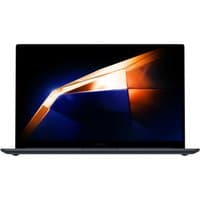 Samsung Galaxy Book4 Business laptop, 15.6" display, sleek black design, illuminated screen with abstract pattern.