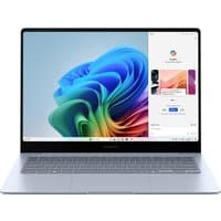 Samsung Galaxy Book4 Edge laptop, 14-inch display, slim silver design, black keyboard, vibrant screen graphics.