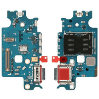 Blue Samsung Galaxy S22 Plus charging port circuit board with connectors, chips, and red USB-C port.