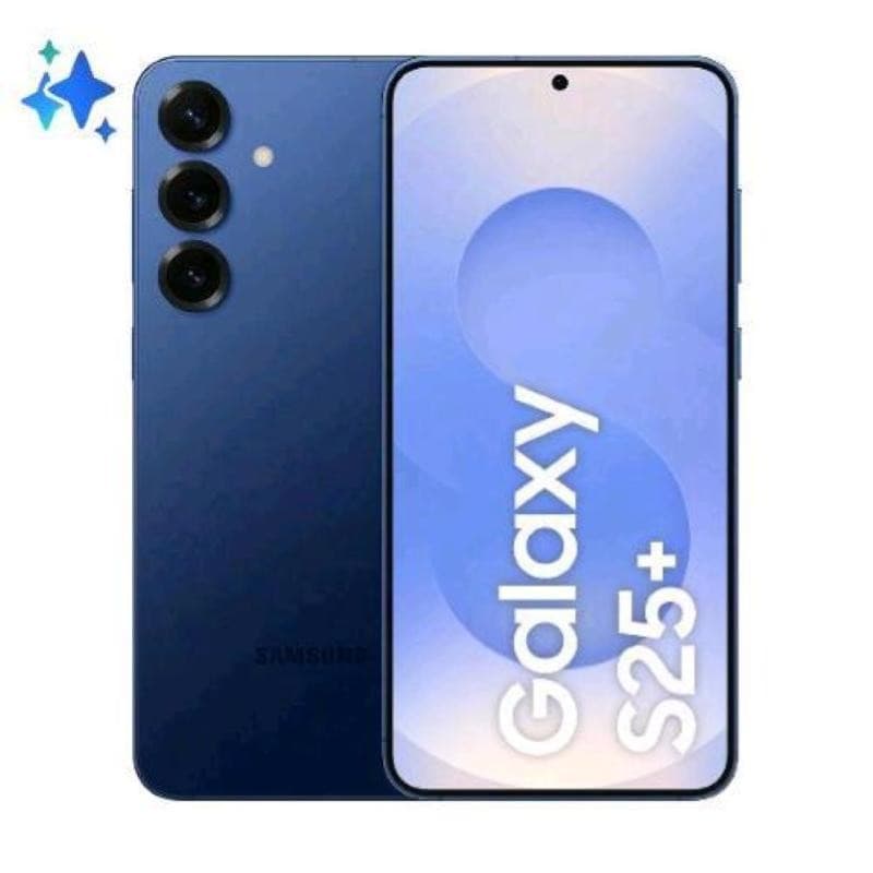 Samsung Galaxy S25+ in navy blue featuring a 6.7-inch display, three rear cameras, and a sleek design with the "Galaxy S25+" logo prominently displayed on the screen.