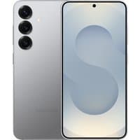 Silver Samsung Galaxy S25 smartphone with triple rear cameras and edge-to-edge display.