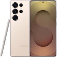 Samsung Galaxy S25 Ultra in beige with quad cameras, edge-to-edge display, and S Pen stylus.