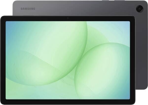 Samsung Galaxy Tab A11 in gray, featuring an 8.7-inch display, sleek design, and minimal bezels, showcasing a soft green abstract background on the screen.