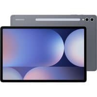 Samsung Galaxy Tab S10+ tablet, 12.4" display, sleek gray body, dual rear cameras at the right on the rear side at the right front.