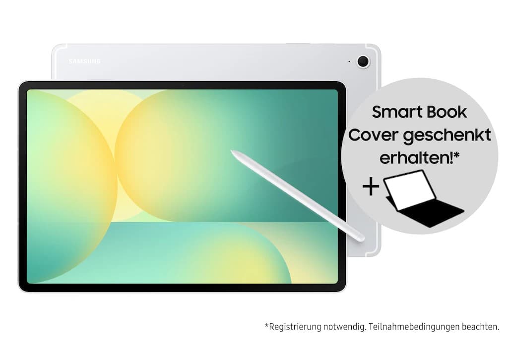 Samsung Galaxy Tab S10 FE+ 5G in black with a sleek design, featuring a vibrant display and included S Pen, alongside a promotional Smart Book Cover offer.
