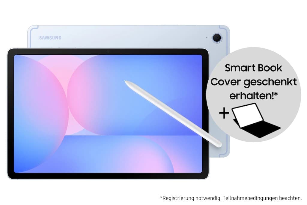 Samsung Galaxy Tab S10 FE in light blue with a 10.9-inch display, featuring a sleek design, included S Pen, and a promotional Smart Book Cover offer.