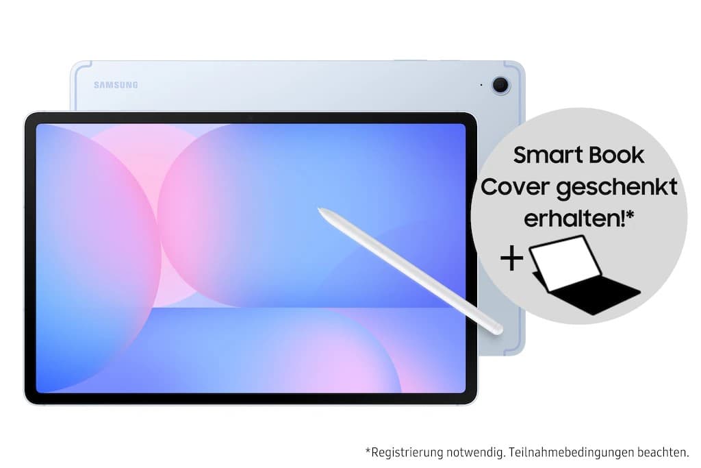 Samsung Galaxy Tab S10 FE+ in light blue with a 13.1-inch display, featuring a stylus, and a promotional note for a free Smart Book Cover included.