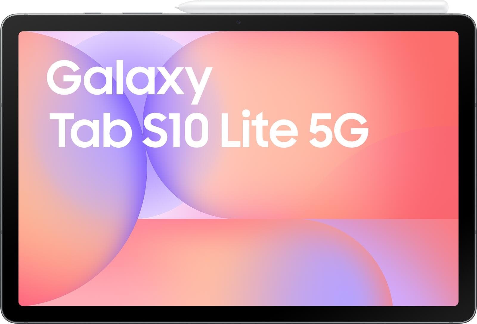 Samsung Galaxy Tab S10 Lite 5G with a vibrant pink and purple gradient display, featuring a sleek black frame and a stylus positioned at the top.