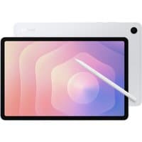 Samsung Galaxy Tab S11, 11-inch, white, with stylus and thin bezels, displaying abstract pastel screen.
