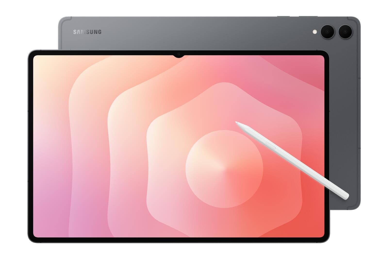 Samsung Galaxy Tab S11 Ultra in gray, featuring a 14.6-inch display with a vibrant pink gradient, accompanied by a white S Pen stylus.