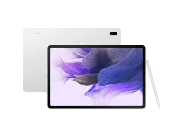 Samsung Galaxy Tab S7 FE in silver with a 12.4-inch display, featuring a vibrant purple abstract background, and includes a stylus for enhanced functionality.