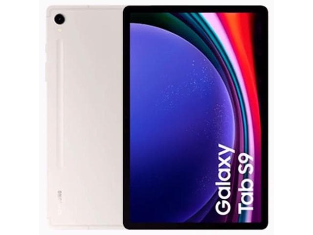 Samsung Galaxy Tab S9 in a sleek white finish, featuring a vibrant 11-inch display with the "Galaxy Tab S9" logo prominently displayed on the front.