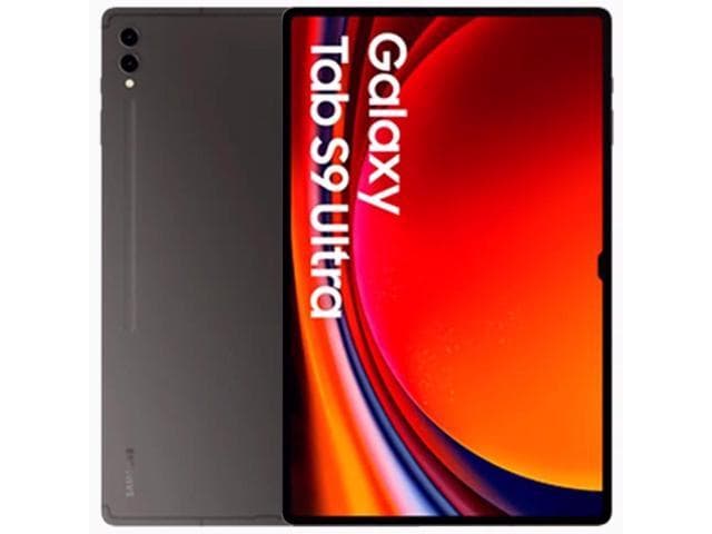 Samsung Galaxy Tab S9 Ultra in graphite gray, featuring a sleek design, large vibrant display with colorful graphics, and the text "Galaxy Tab S9 Ultra" prominently displayed.