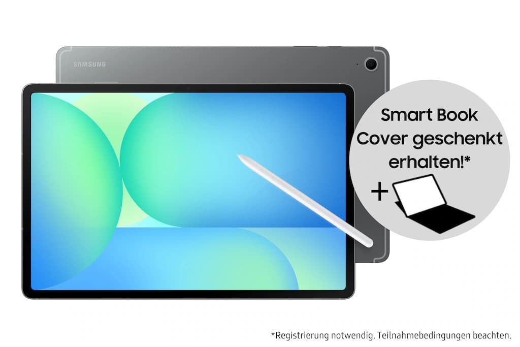 Samsung Galaxy Tab SM-X626B 5G in silver with a 12" display, featuring a sleek design, stylus, and a promotional Smart Book Cover offer.