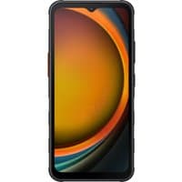 Black Samsung Galaxy XCover7 smartphone with rugged design, orange accents, and a vibrant circular display pattern.