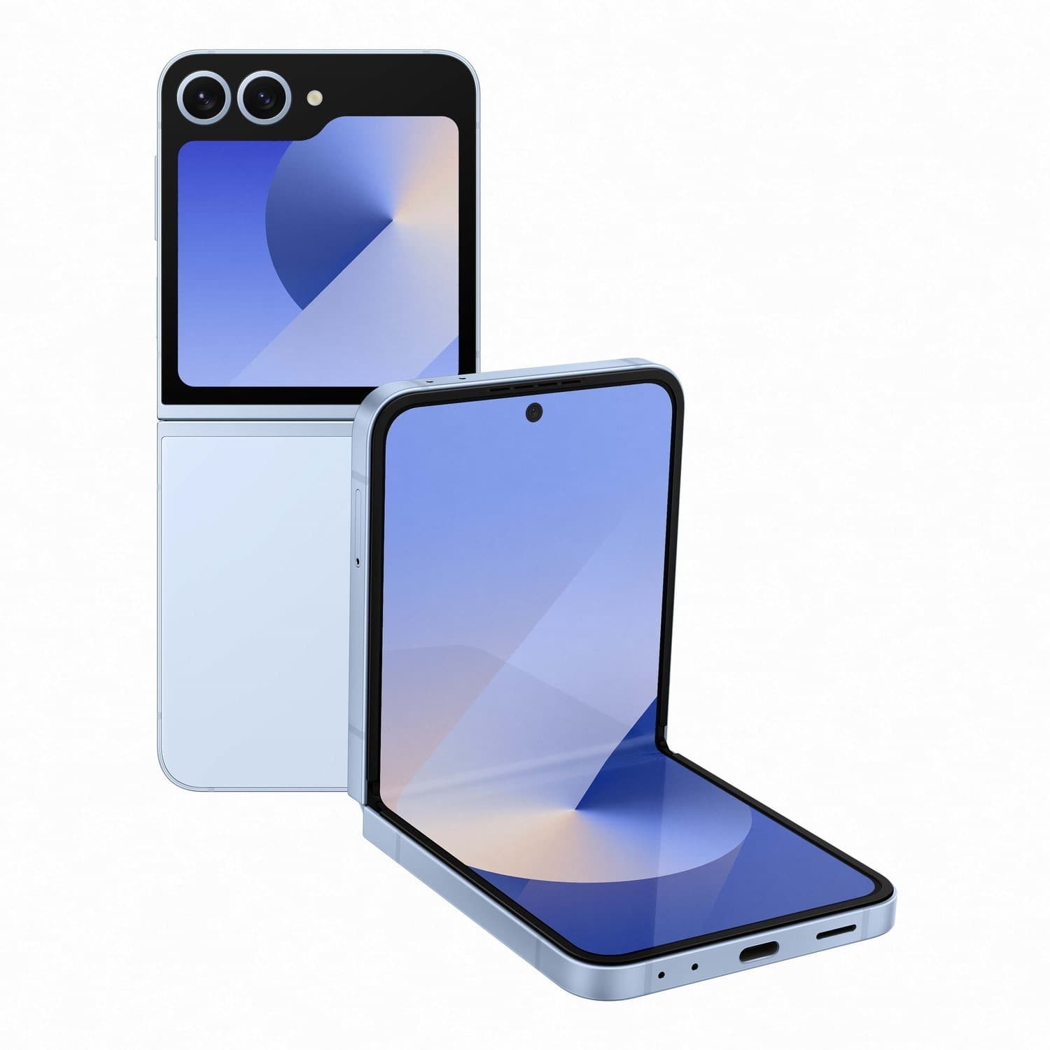 Samsung Galaxy Z Flip6 in light blue, featuring a 6.7-inch foldable display, dual rear cameras, and USB Type-C port, showcasing a sleek, compact design.