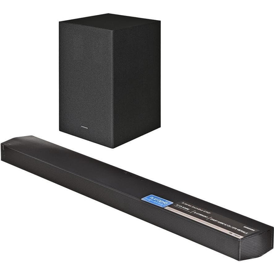 Black Samsung HW-B750F soundbar with a sleek design and a matching wireless subwoofer, featuring 5.1 channels and 400 watts of power for enhanced audio experience.