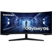 Curved Samsung Odyssey G5 monitor, 34-inch, 3440x1440 resolution, sleek black design with futuristic screen display.