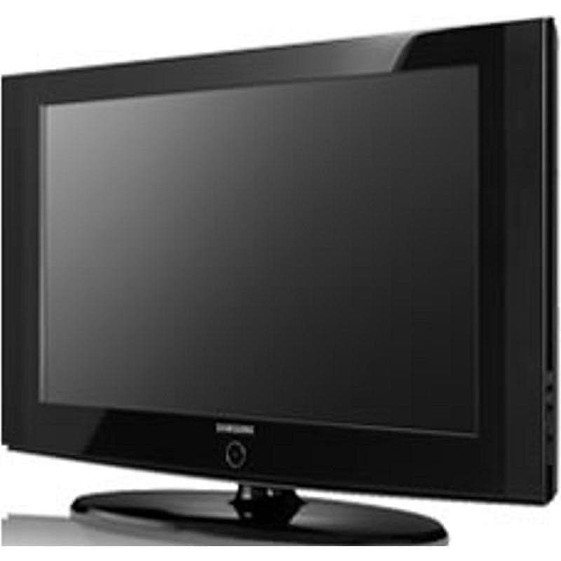 Samsung LCD television with a sleek black frame, glossy finish, and a curved stand, featuring a large display and side input ports.