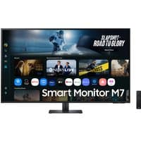43" Samsung M7 Smart Monitor with UHD display, slim black bezel, and central stand, showcasing streaming apps.