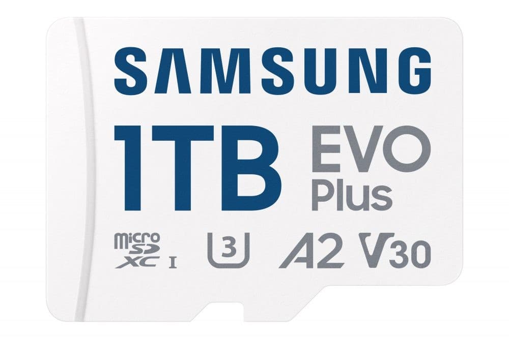 Samsung 1TB MicroSDXC card in white with blue lettering, featuring "EVO Plus," "U3," "A2," and "V30" symbols, designed for high-speed data transfer and storage.