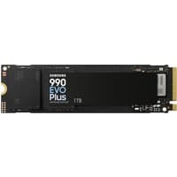 Samsung 1TB M.2 NVMe SSD with black casing, labeled "990 EVO Plus," featuring gold connector pins.