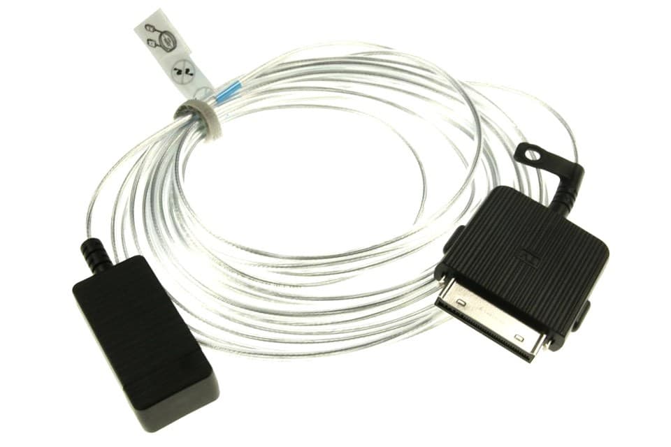 Clear, flexible cable with a black, textured connector on one end and a rectangular connector on the other, designed for Samsung devices, featuring a sleek and modern design.