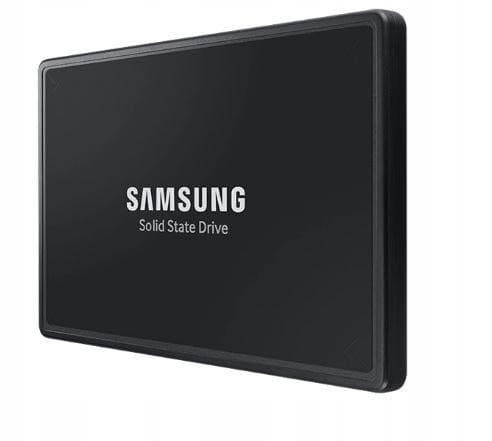 Samsung PM9A3 7.68 TB U.2 PCI Express 4.0 NVMe SSD in a sleek black casing with a silver Samsung logo and "Solid State Drive" text prominently displayed.