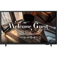 Samsung 32" black flat-screen hospitality TV with thin bezel, displaying "Welcome Guest" message over a cozy room scene.