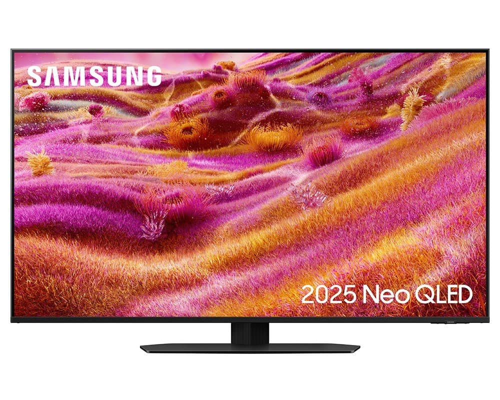 Samsung 50" Neo QLED QN93F 4K Smart TV in black, featuring vibrant pink and purple landscape display, sleek design, and slim bezels for an immersive viewing experience.