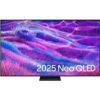 65" Samsung Neo QLED 4K TV with thin bezel, vibrant purple and blue display, and central stand.