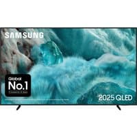 Samsung 75" 4K Ultra HD Smart TV with thin black bezel, QLED display, and ocean wave screen image.