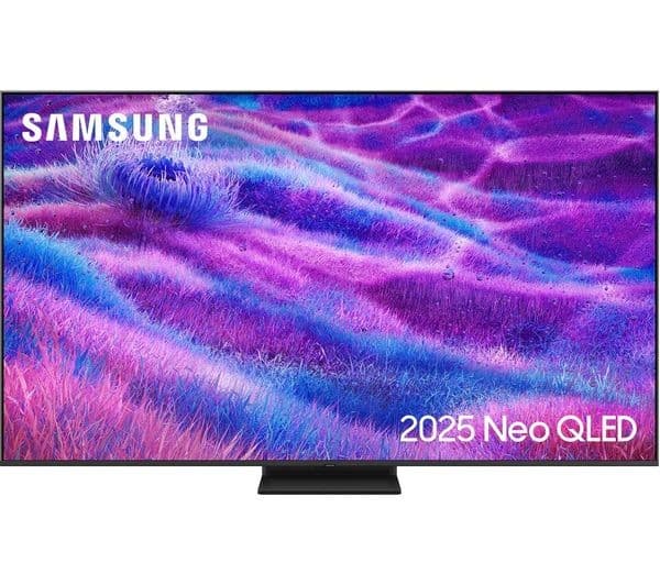 Samsung 2025 QN80F 75" 4K NEO QLED HDR Smart TV in silver, featuring a vibrant purple and blue abstract display, sleek design, and a modern black stand.
