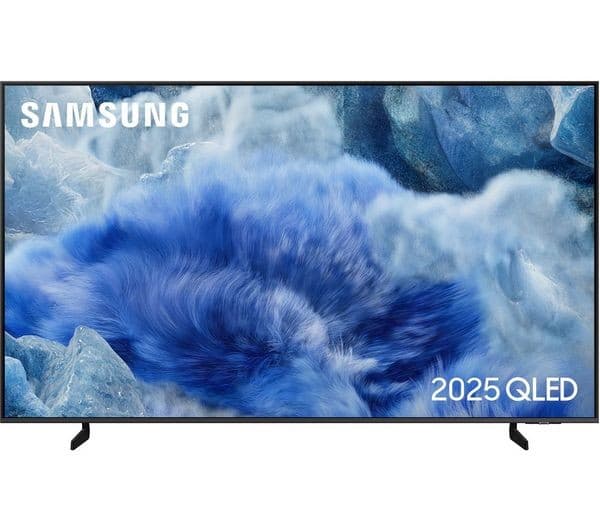 Samsung 85" QLED Q8F 4K Smart TV in Titanium Gray, featuring a vibrant blue abstract display, sleek design, and modern stand, showcasing advanced Vision AI technology.