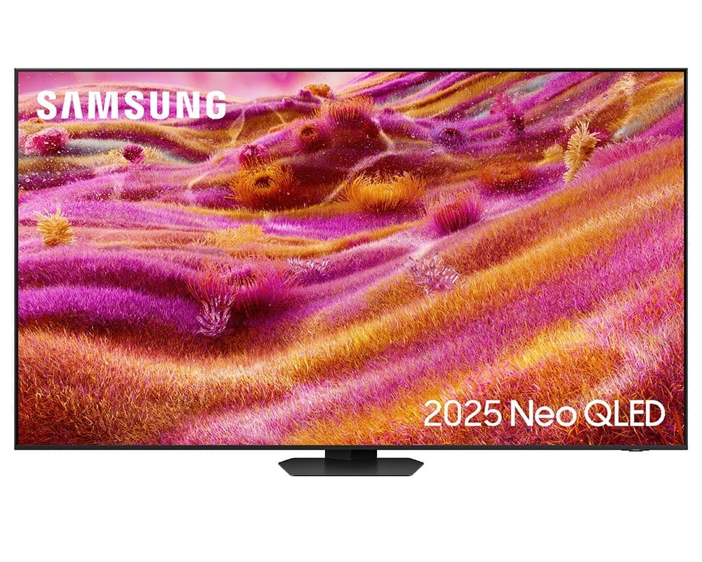 Samsung QE98QN93F 98" NEO QLED 4K Smart TV featuring a vibrant pink and purple landscape display, sleek black frame, and a modern stand, showcasing Dolby Atmos and 165Hz refresh rate.