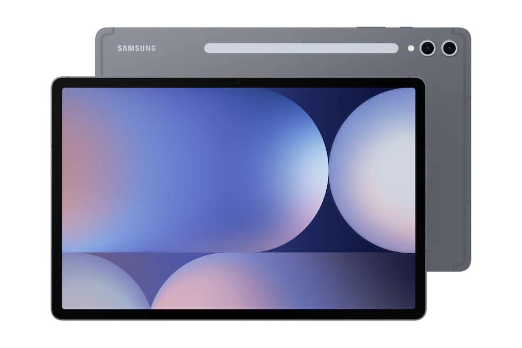 Samsung Tab S10+ in Moonstone Gray, featuring a sleek design, large display with soft gradient colors, and dual rear cameras, showcasing its premium build and storage capacity of 12GB RAM and 512GB.