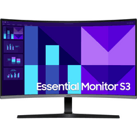Curved Samsung S39GD 32" Full HD monitor with slim black bezel and T-shaped stand displaying colorful graphs.