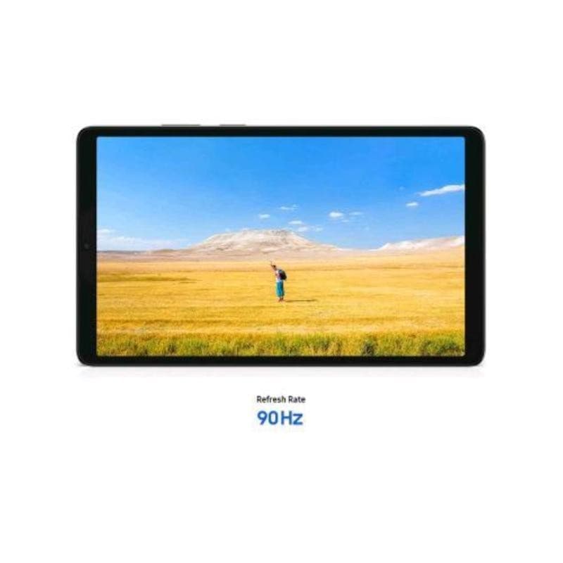 Samsung Galaxy Tab A11 in grey, featuring a vibrant display showcasing a landscape with a person in a field, highlighted by a 90Hz refresh rate.