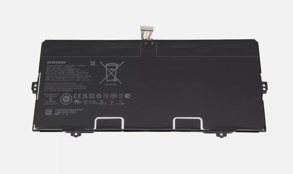 Black Samsung SSY battery with a sleek design, featuring a label with technical specifications and a connector cable on one end.