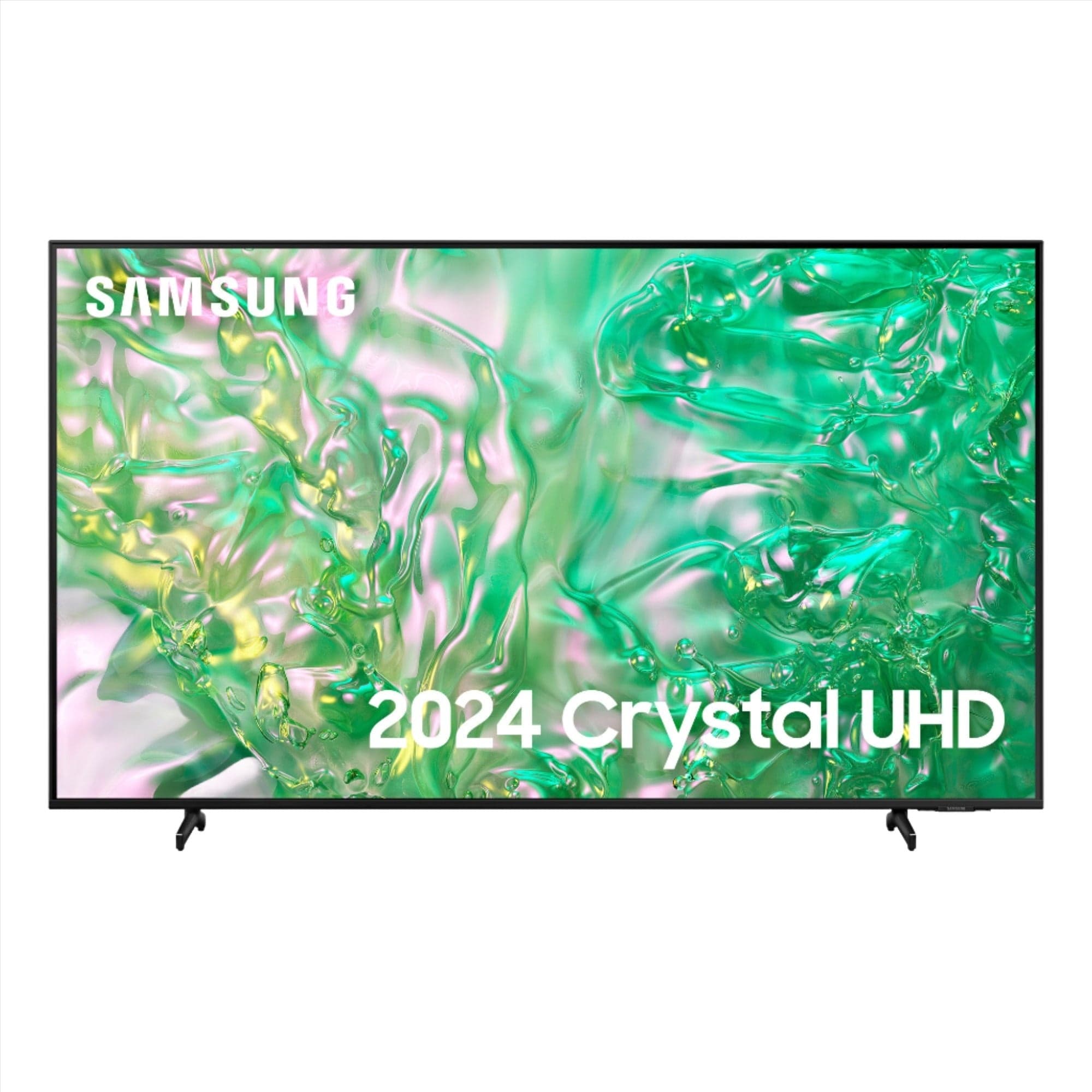 Samsung UE75DU8000 75" Crystal UHD 4K HDR LED Smart TV with a sleek black frame, showcasing vibrant green and pink abstract visuals on the screen.