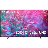 Samsung 98" 4K Ultra HD Smart TV with thin black bezel, vibrant pink and blue abstract display, and dual stand.