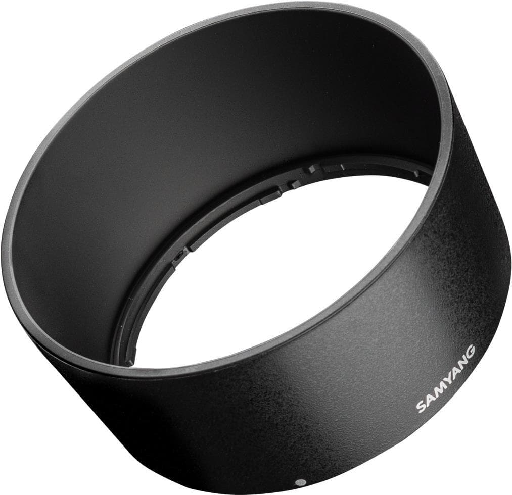 Black lens hood with a matte finish, featuring a smooth inner surface and the "SAMYANG" logo printed in white on the side.