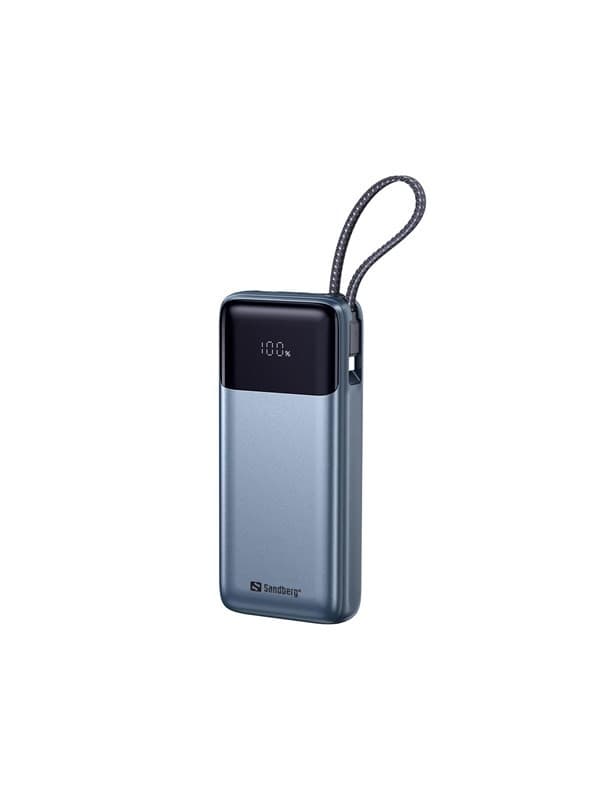 Sleek grey power bank with a black top, digital display showing battery percentage, and a convenient strap for easy carrying, featuring a capacity of 20000mAh and 67W PD output.