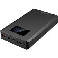 Black Sandberg Laptop Powerbank 20000 PD100W with digital display and multiple ports including USB-C and USB-A.