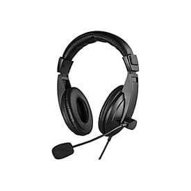 Black over-ear headset with padded ear cups, adjustable headband, and a flexible microphone boom on the left side, designed for comfort and clarity.