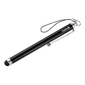 Black touchscreen stylus pen with a rubber tip, silver accents, a clip for attachment, and a lanyard for easy carrying.