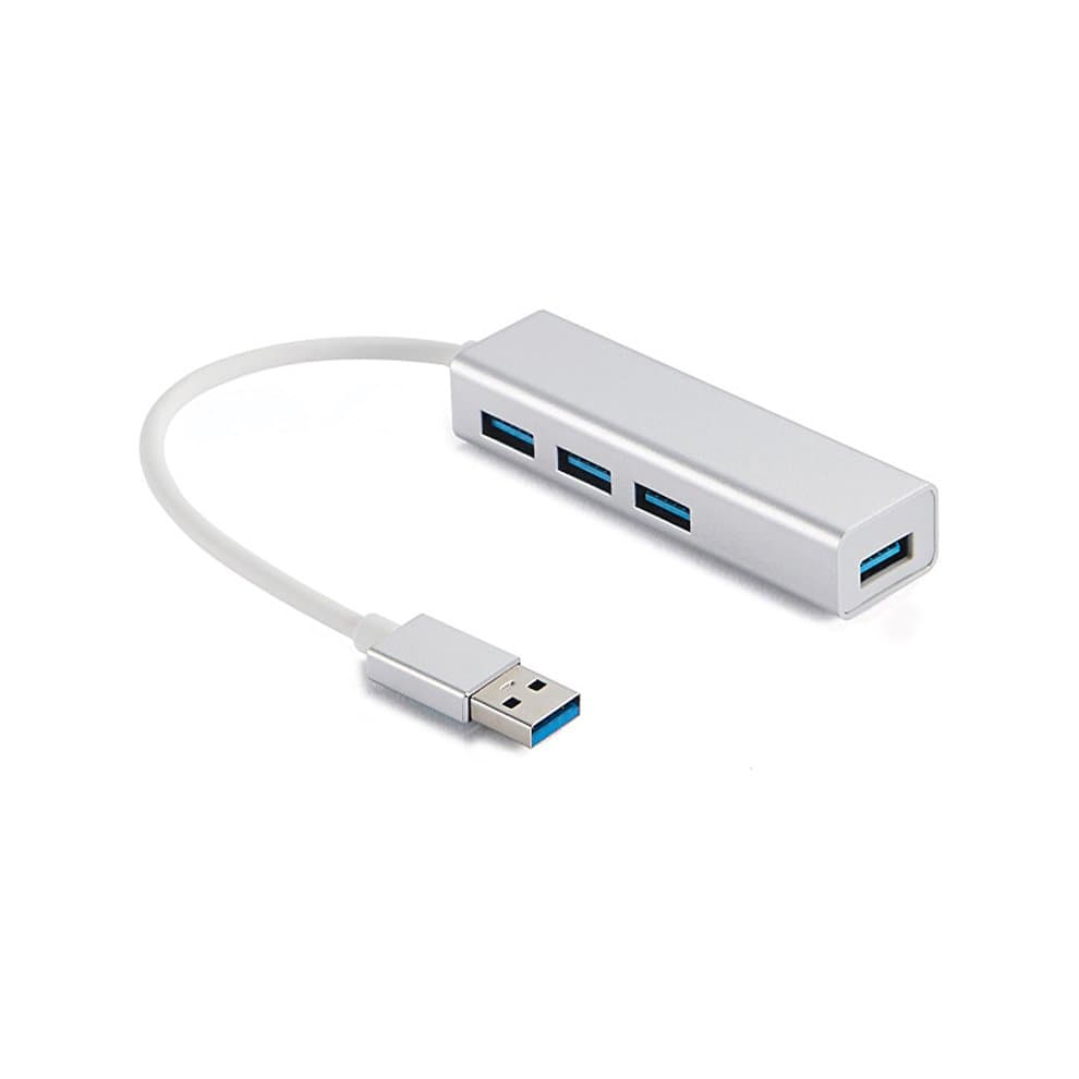 Silver Sandberg USB 3.0 Hub with four ports, featuring a sleek design and a short white cable, ideal for expanding USB connectivity.