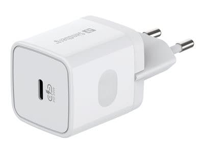 White Sandberg USB-C AC Charger PD20W SAVER featuring a compact design, a single USB-C port, and two metal prongs for wall mounting.