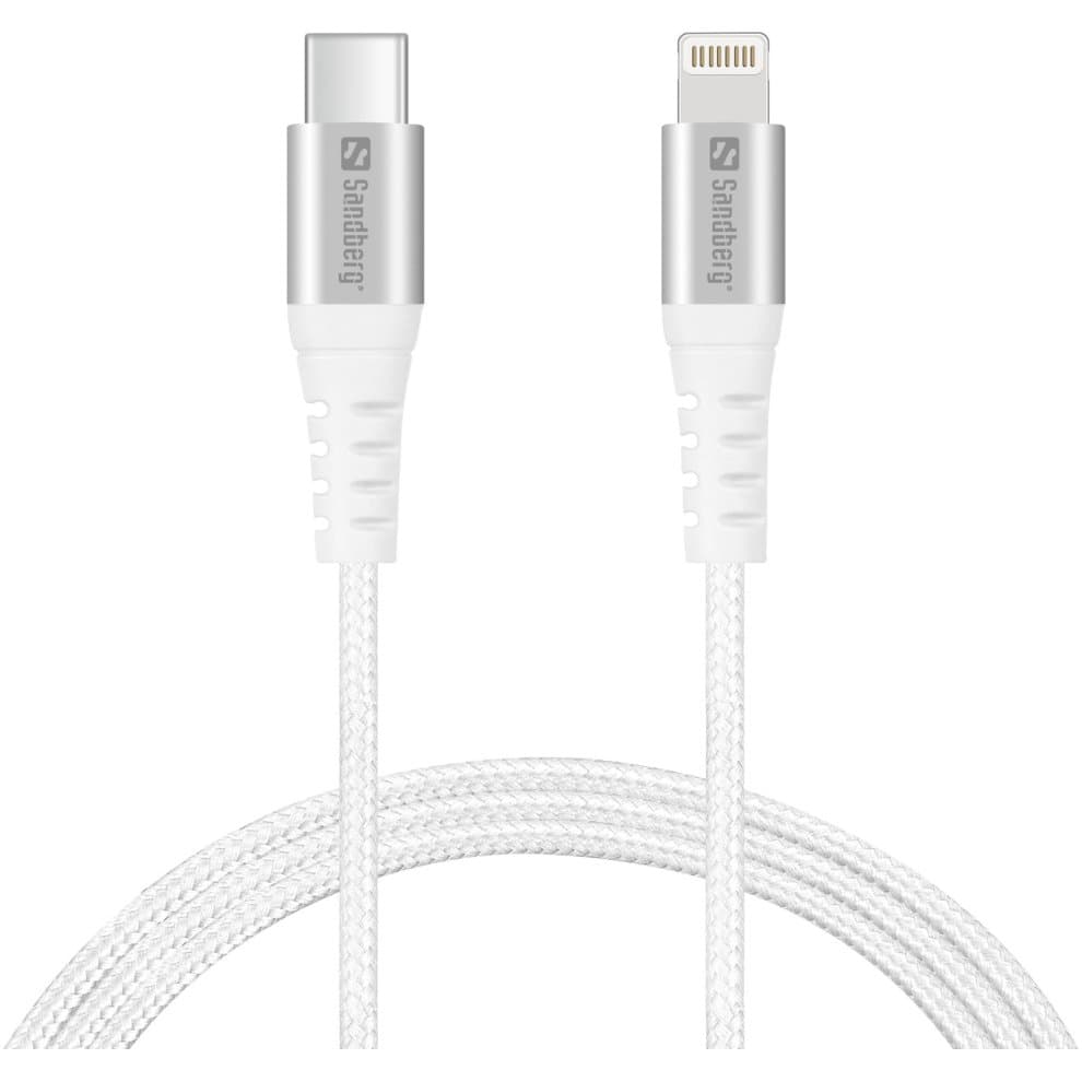 White braided USB-C to Lightning cable, 1 meter long, featuring metallic connectors with Sandberg branding on each end, designed for fast charging and data transfer.