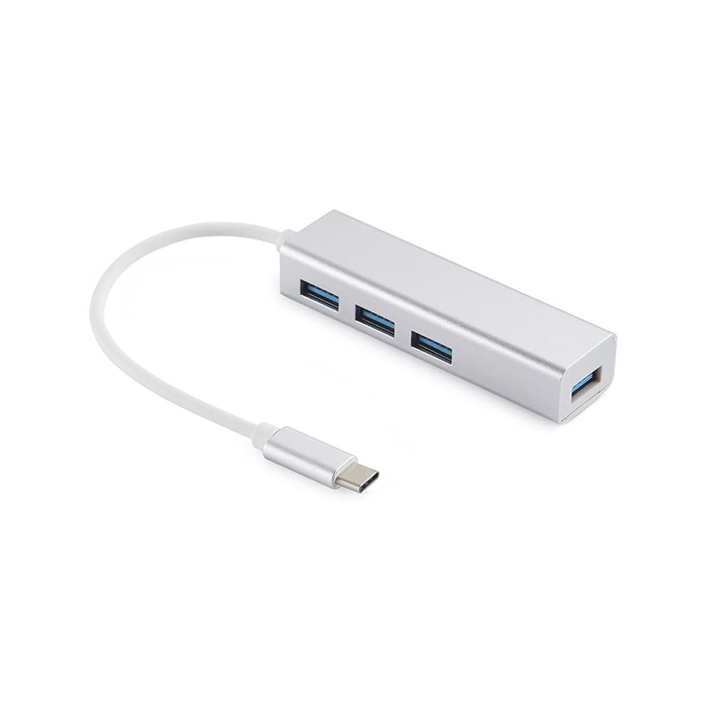Silver aluminum USB-C to 4 USB 3.0 hub with a short white cable, featuring four blue USB ports for connecting multiple devices.